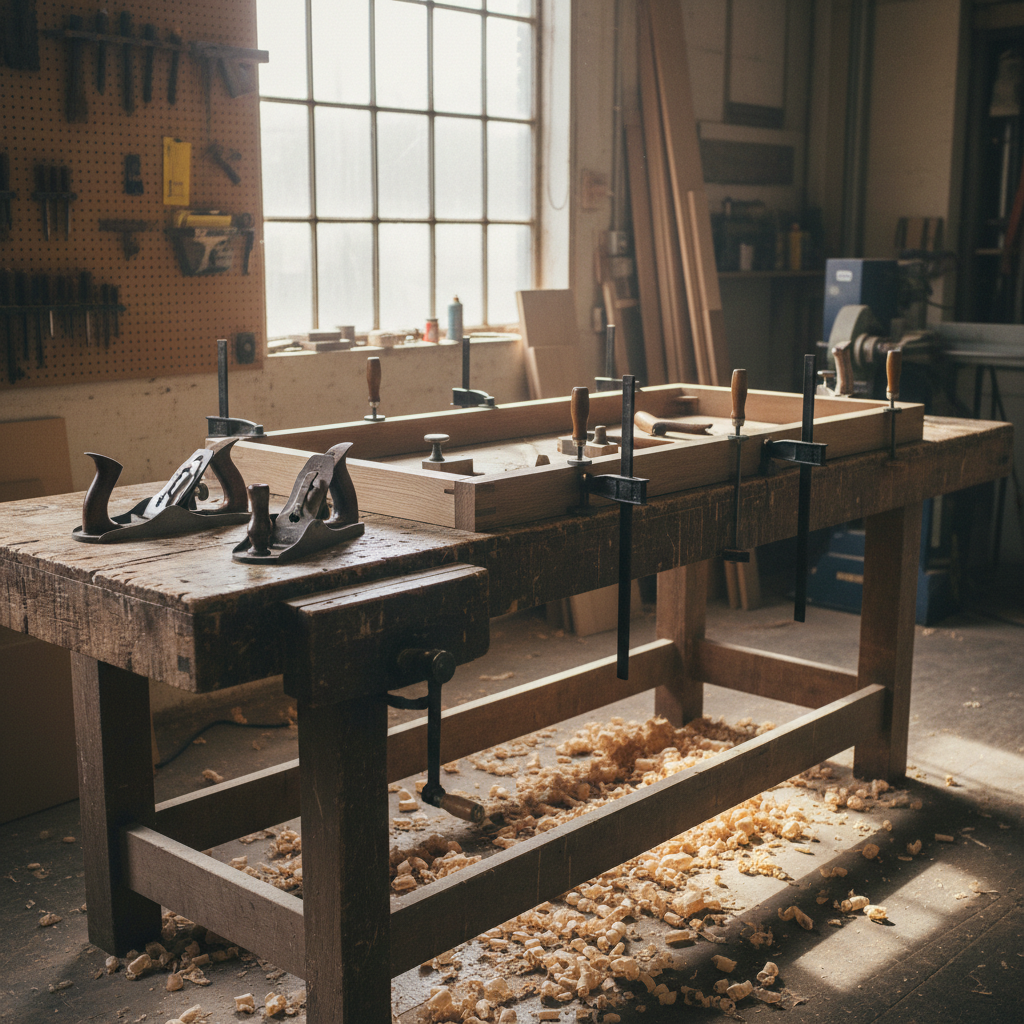 A joinery workshop bench with a partly assembled oak dining table frame, hand planes and clamps laid on the bench, curls of shaving on the floor, soft daylight from a high window, square framing, no people, no text, no signage