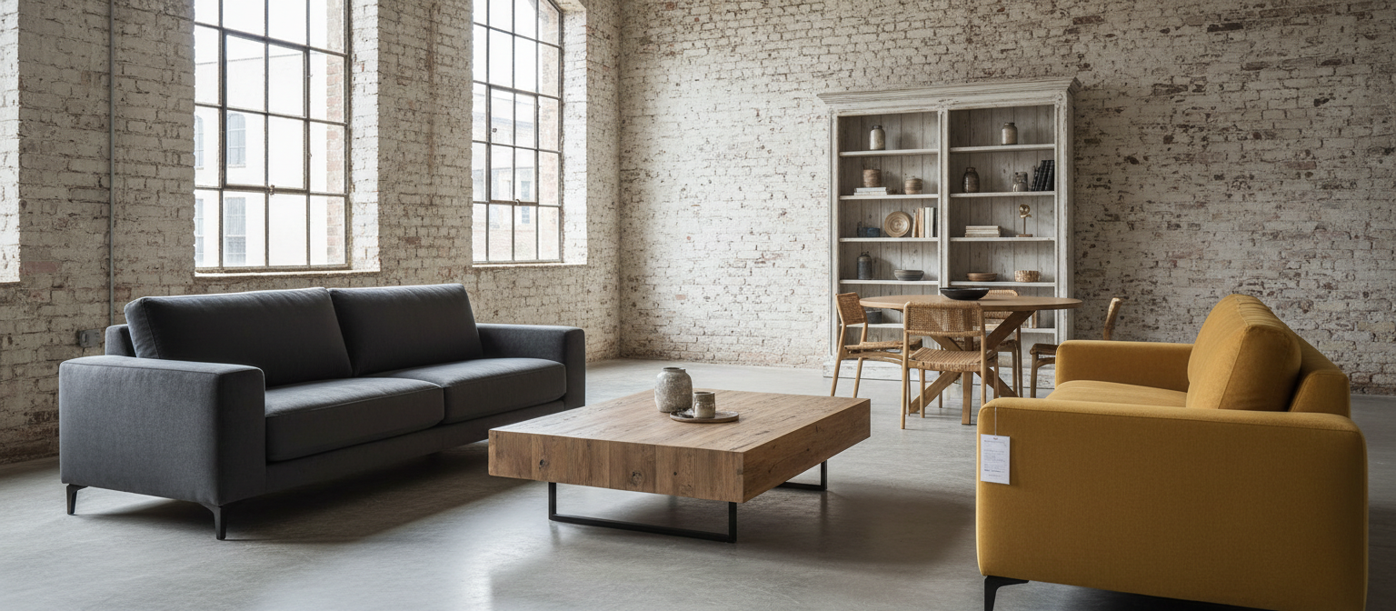 A wide view of a furniture showroom floor in an old brick warehouse, two upholstered sofas angled toward a low timber coffee table, a bookcase against a whitewashed wall and a dining setting behind, even daylight from a bank of high windows, wide horizontal framing, no people, no text, no signage