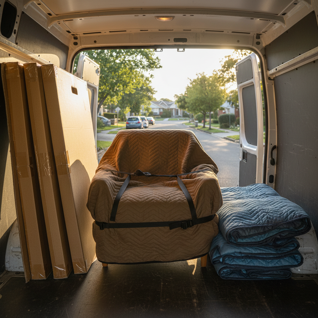 Two flat packed timber cartons and a wrapped armchair strapped inside the tray of a delivery van, moving blankets folded beside them, morning light through the open rear doors onto a suburban street, no people, no text, no signage