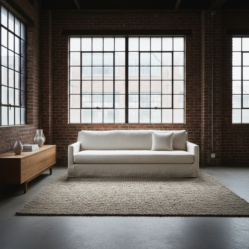 A furniture showroom in a converted brick woolstore, a wide linen sofa on a wool rug beside a low oak sideboard, tall factory windows throwing winter light across a polished concrete floor, square framing, no people, no text, no signage