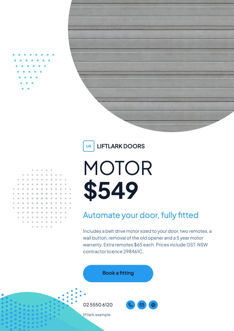 Garage door flyer for motor installs, repairs and new doors example