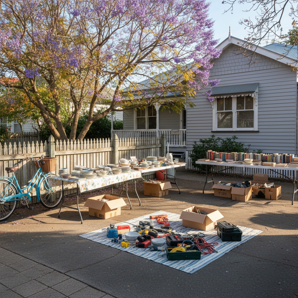 A suburban driveway on a bright autumn morning laid out for a garage sale, folding trestle tables carrying stacked crockery and paperback books, a bicycle leaning on the fence, cardboard boxes of tools on a picnic rug, weatherboard house and a jacaranda behind, square framing, no people, no text, no signage