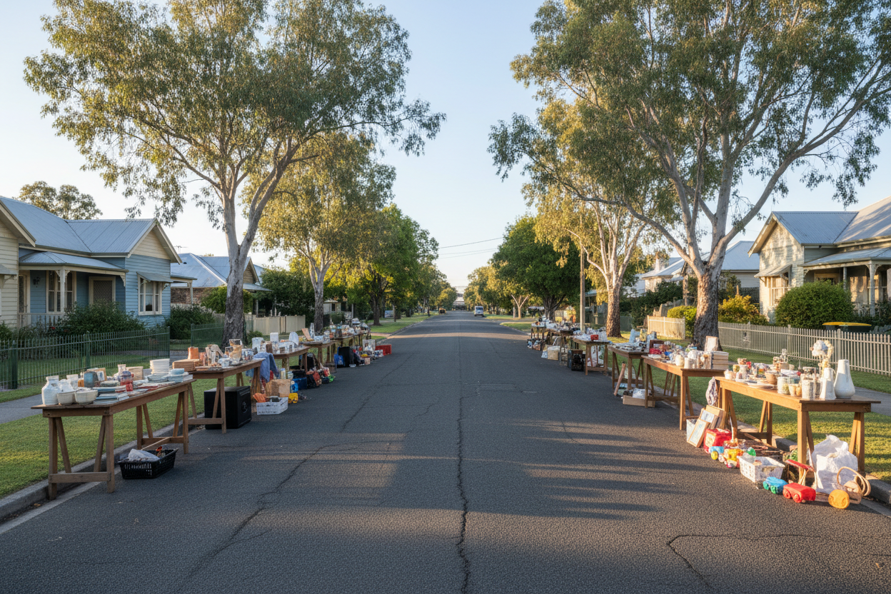 A quiet suburban street of weatherboard cottages early on a Saturday morning, driveways lined with trestle tables of household goods under a low golden sun, long shadows across the bitumen and gum trees along the nature strip, wide horizontal framing, no people, no text, no signage