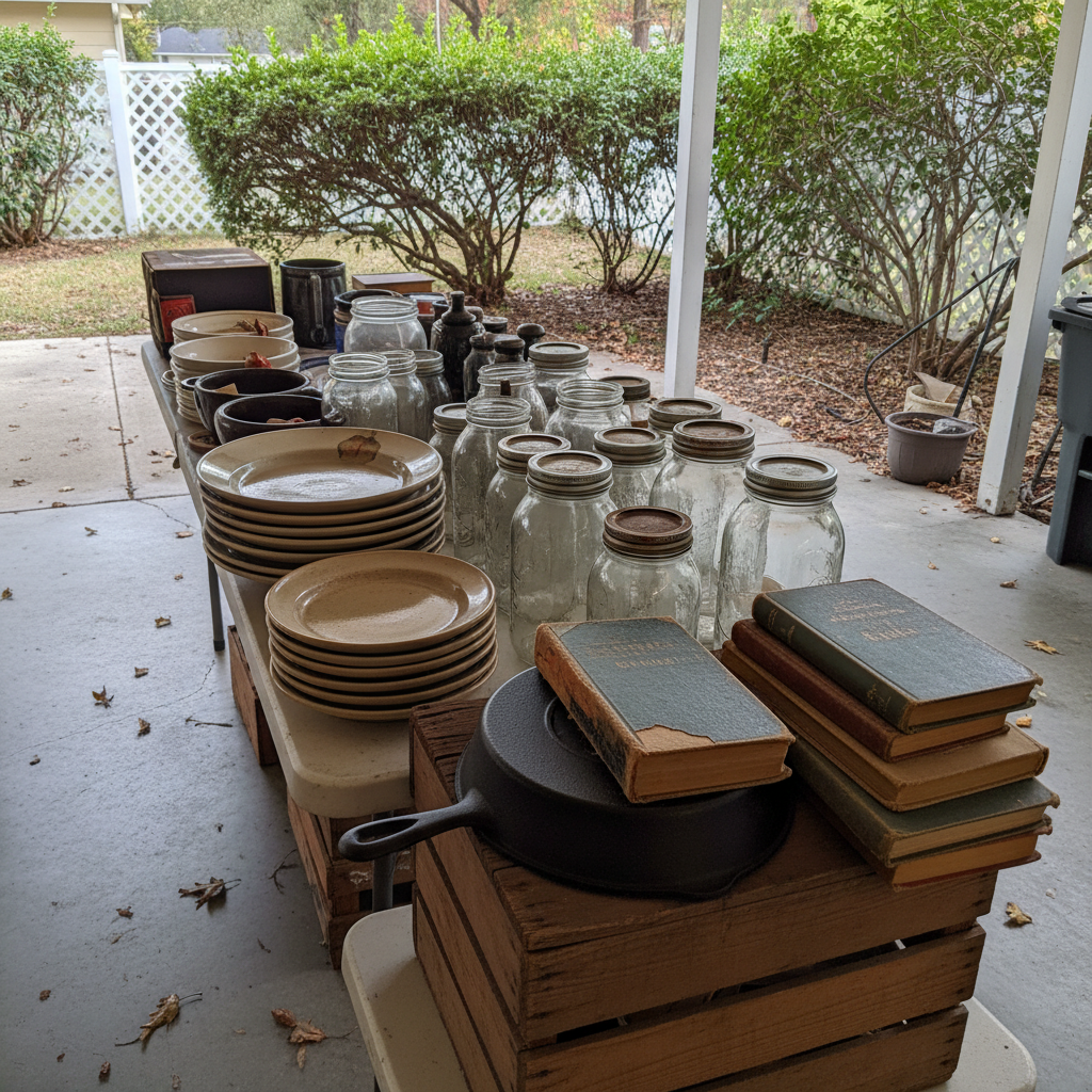 A close view of a garage sale table piled with stoneware plates, glass jars, a cast iron pan and a stack of hardback books, morning shade under a carport with a concrete floor, square framing, no people, no text, no signage