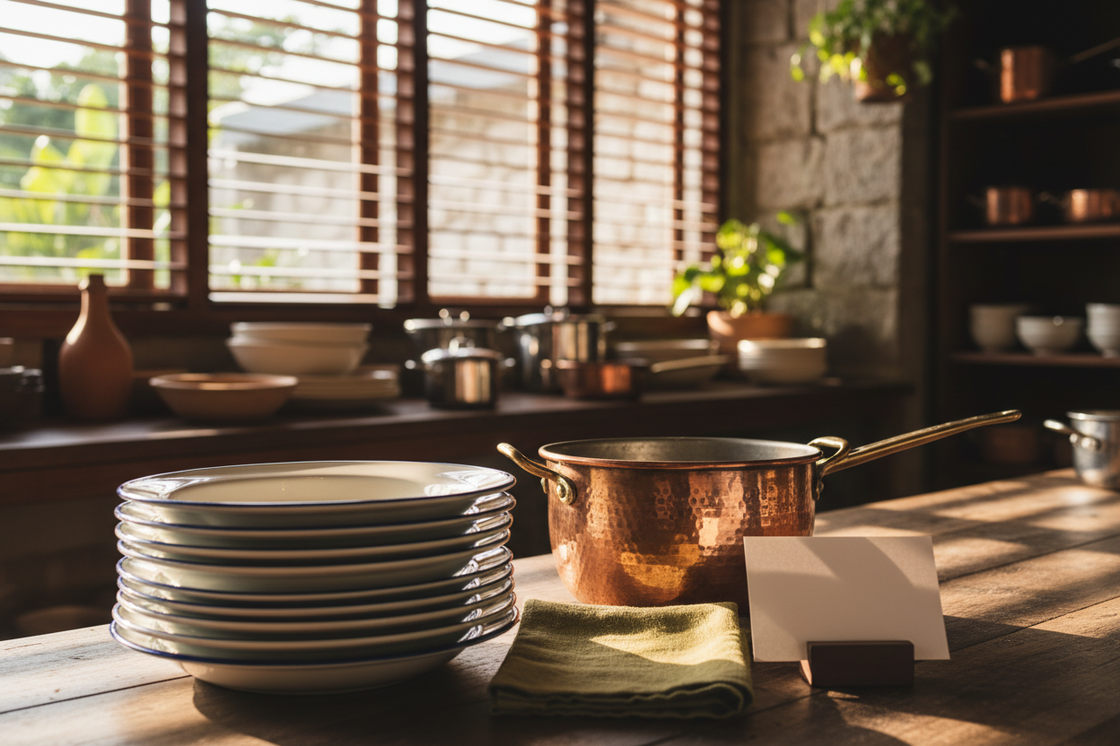 A kitchenware shop counter with a stack of enamel plates, a copper pot and a folded linen tea towel beside a small card stand, warm tropical afternoon light through a louvre window, wide horizontal framing, no people, no text, no signage