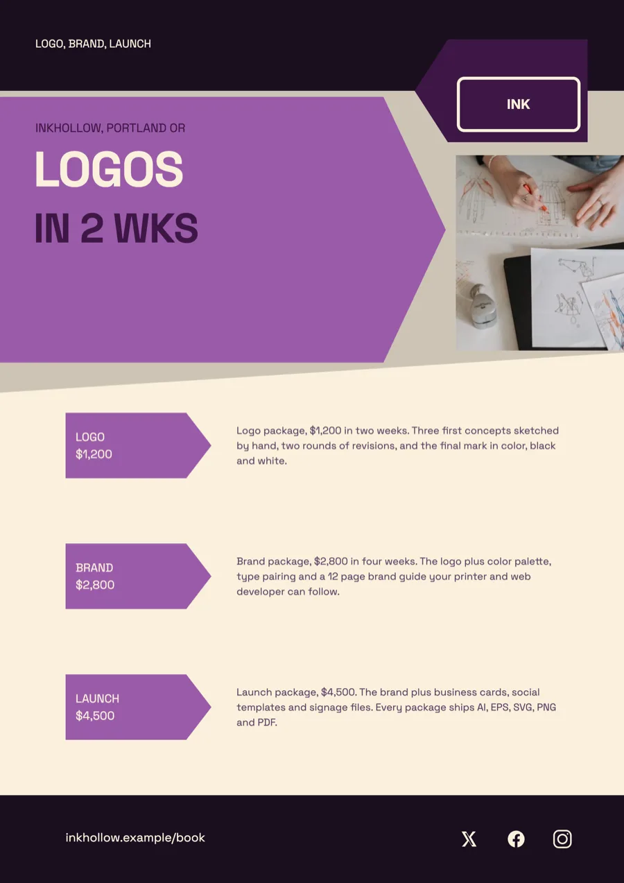 Graphic designer flyer with logo and brand packages example