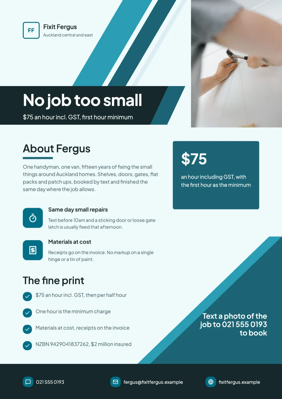 Handyman flyer with an hourly rate and a job list example