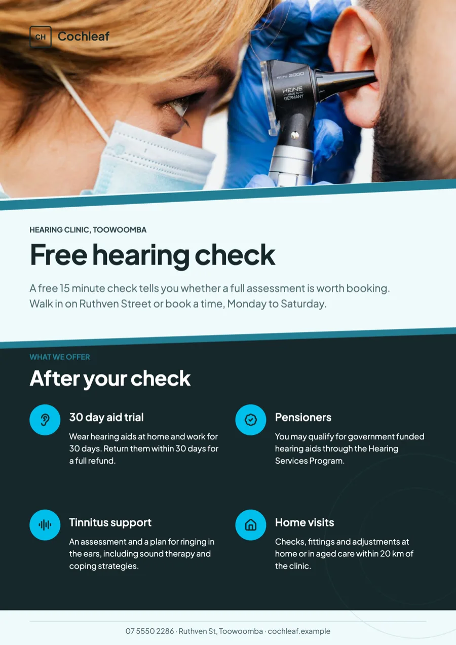 Hearing clinic flyer for free hearing checks and aid trials example