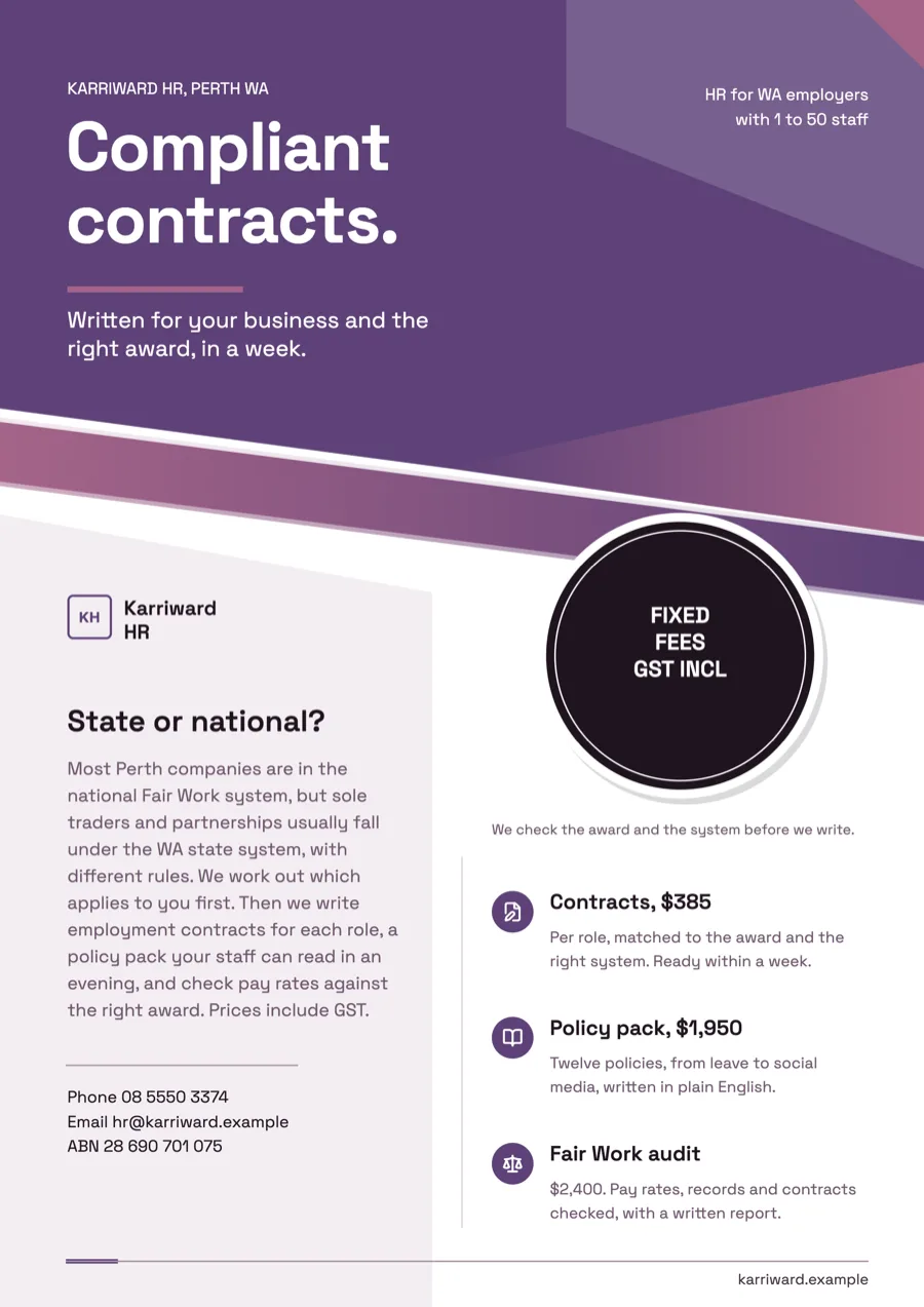 HR consultant flyer for contracts, policies and Fair Work help example