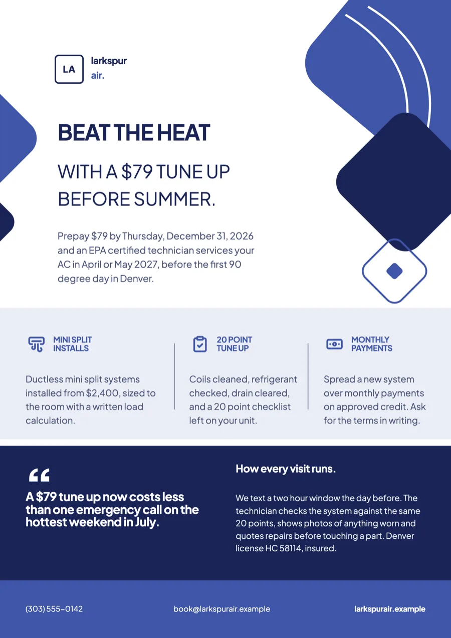 HVAC flyer example with a tune up offer and install prices example