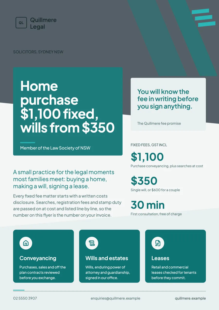 Law firm flyer for fixed fee conveyancing and wills example
