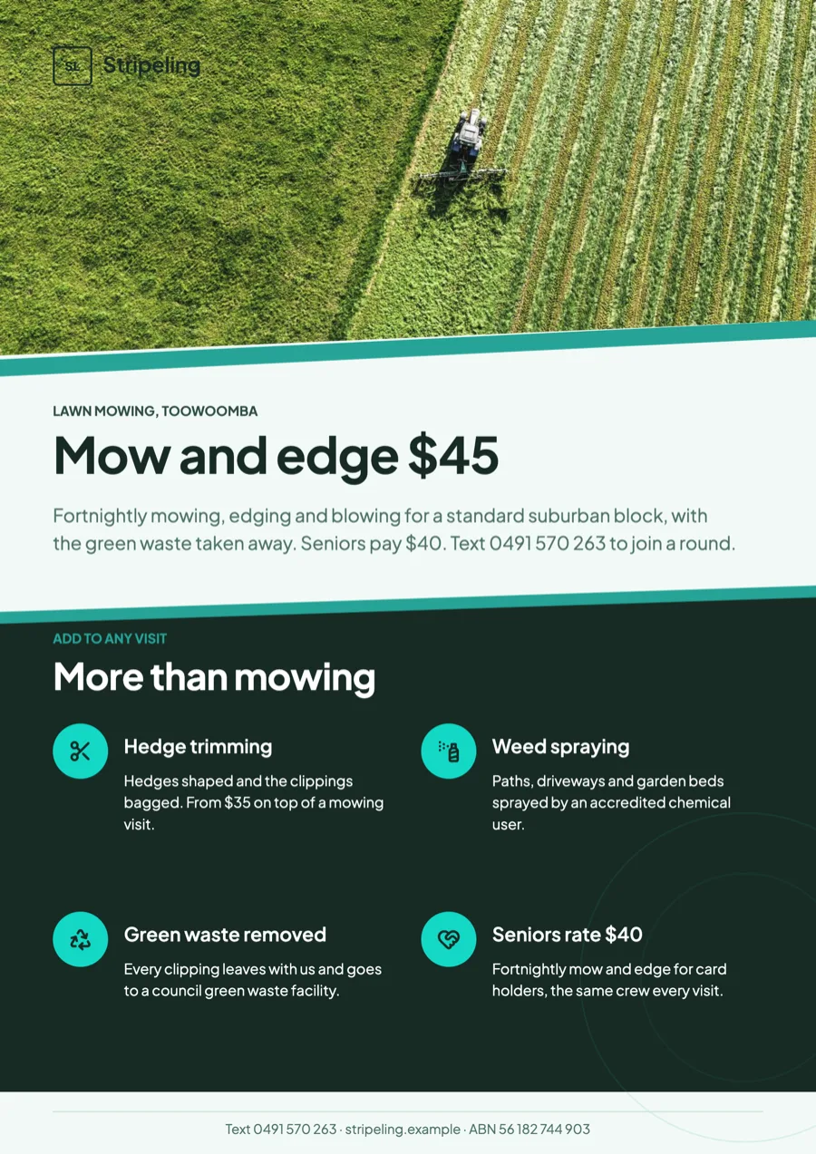 Lawn mowing flyer with a fortnightly plan and edging example