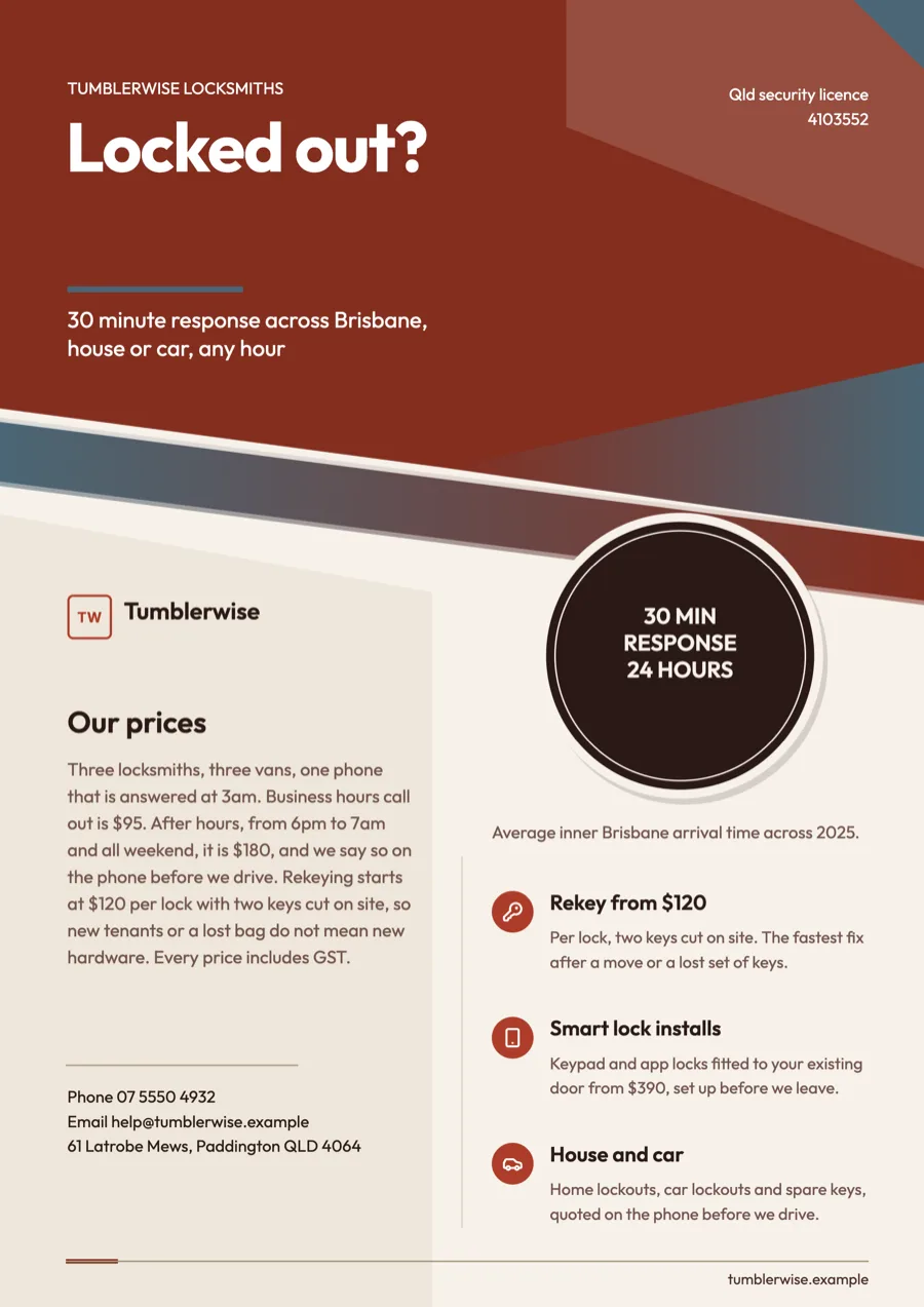 Locksmith flyer with 24 hour rates and rekey prices example