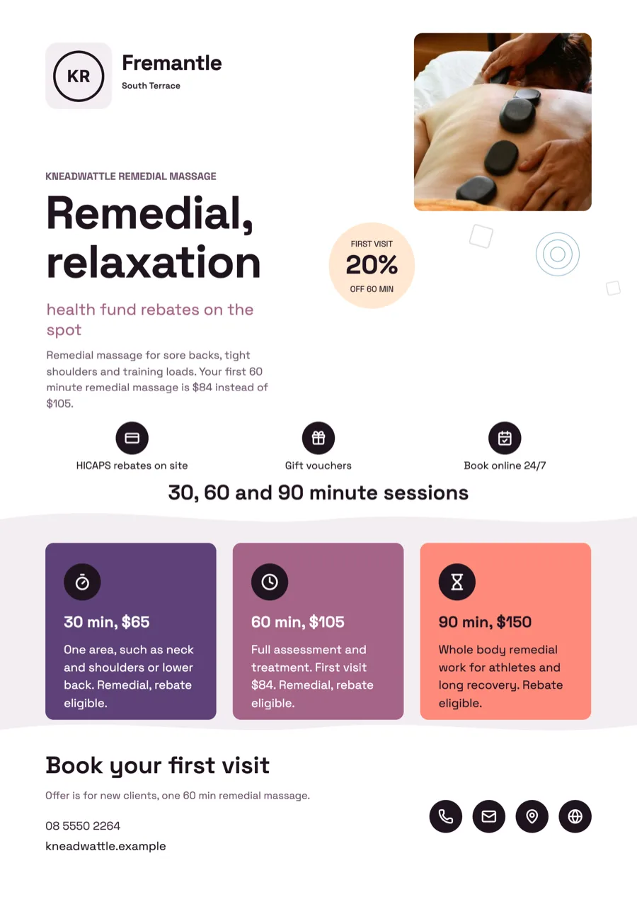 Massage therapy flyer with 30, 60 and 90 minute prices example