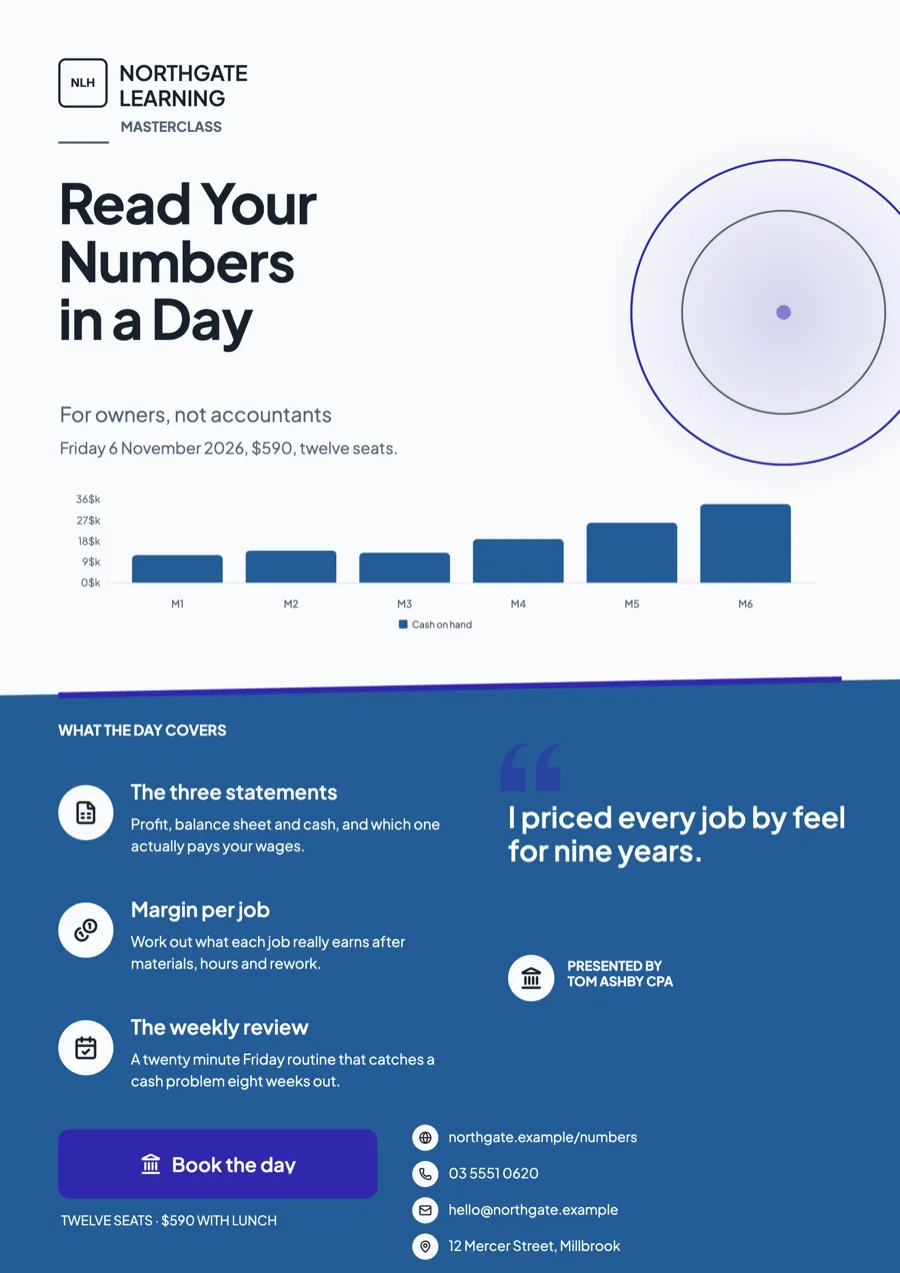 Masterclass flyer for a learning hub's one day sessions example