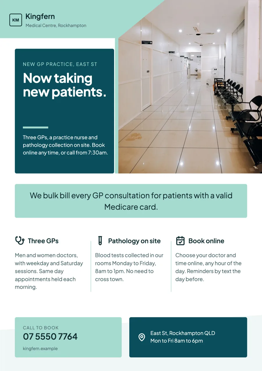 Medical centre flyer for a new practice and its bulk billing policy example