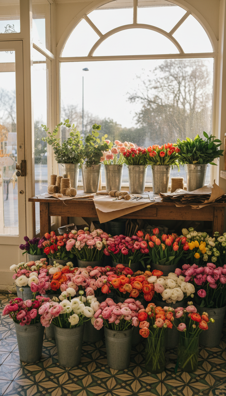 Buckets of cut ranunculus, tulips and eucalyptus lined up on the tiled floor of a small florist shop, brown paper and twine on the bench, morning light through a shopfront window, tall vertical framing, no people, no text, no signage