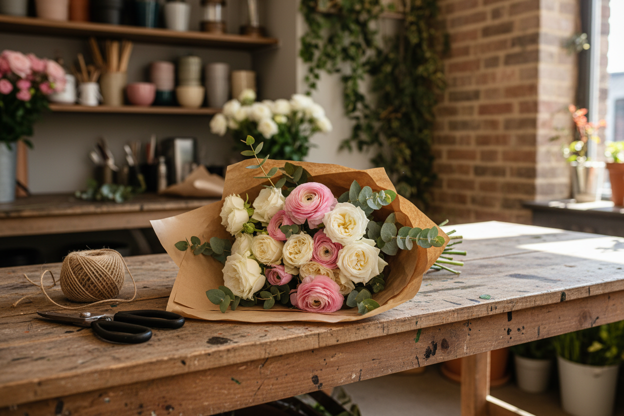 A hand tied bouquet of soft pink ranunculus, white garden roses and eucalyptus wrapped in brown paper, resting on a wooden florist bench beside secateurs and twine, warm daylight, wide landscape framing, no people, no text, no signage