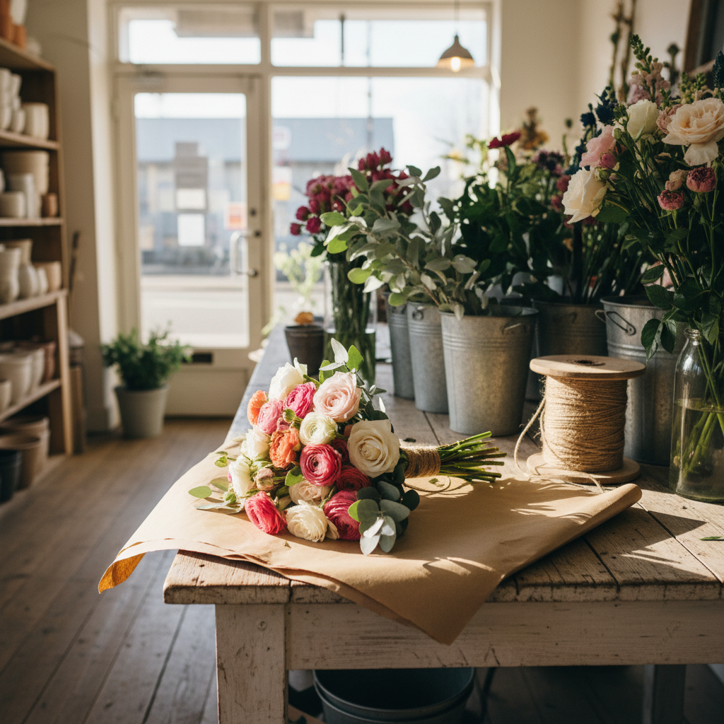 A florist's bench in a small shop with a hand tied bouquet of ranunculus, garden roses and eucalyptus resting on brown paper, buckets of stems and a roll of twine behind, warm daylight through a shopfront, square framing, no people, no text, no signage