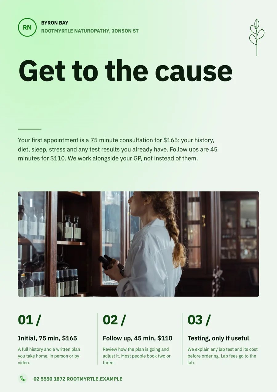 Naturopath flyer example with the initial consult and testing example