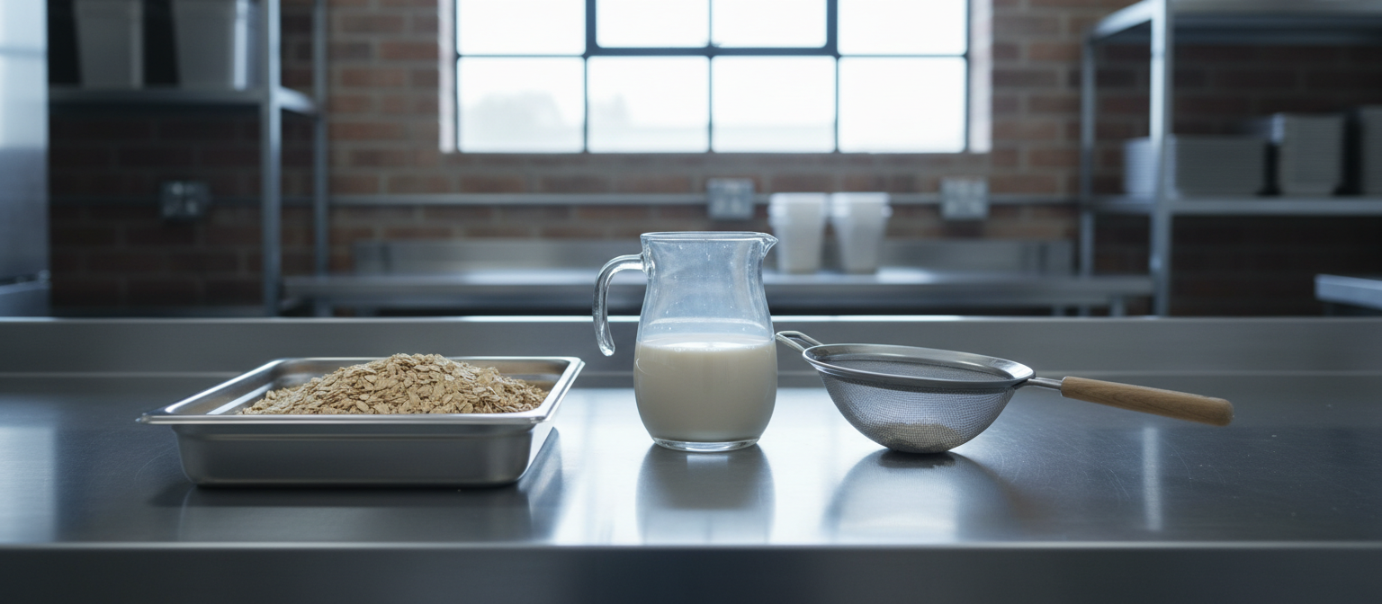 A stainless steel bench in a small food factory with a shallow tray of rolled oats beside a jug of pale oat milk and a fine mesh strainer, cool north light from a high window, wide horizontal framing, no people, no text, no signage