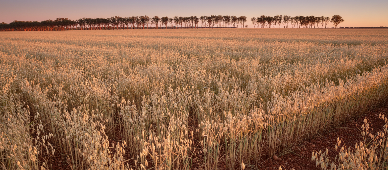 A ripening oat crop in the Western Australian Wheatbelt in late afternoon, pale heads bending over red gravel soil with a line of salmon gums on the horizon, long shadows, wide horizontal framing, no people, no text, no signage