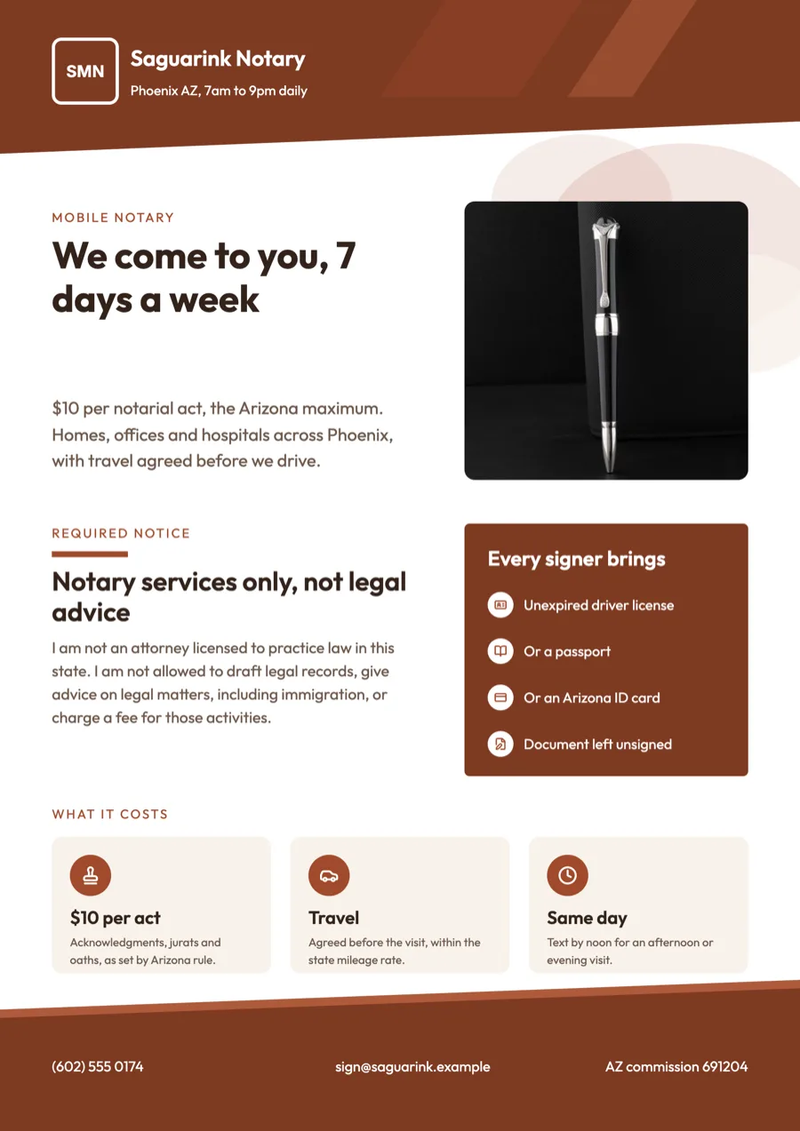 Notary flyer example with mobile fees and documents example