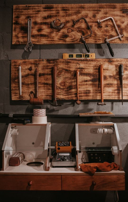 workshop bench with hand tools