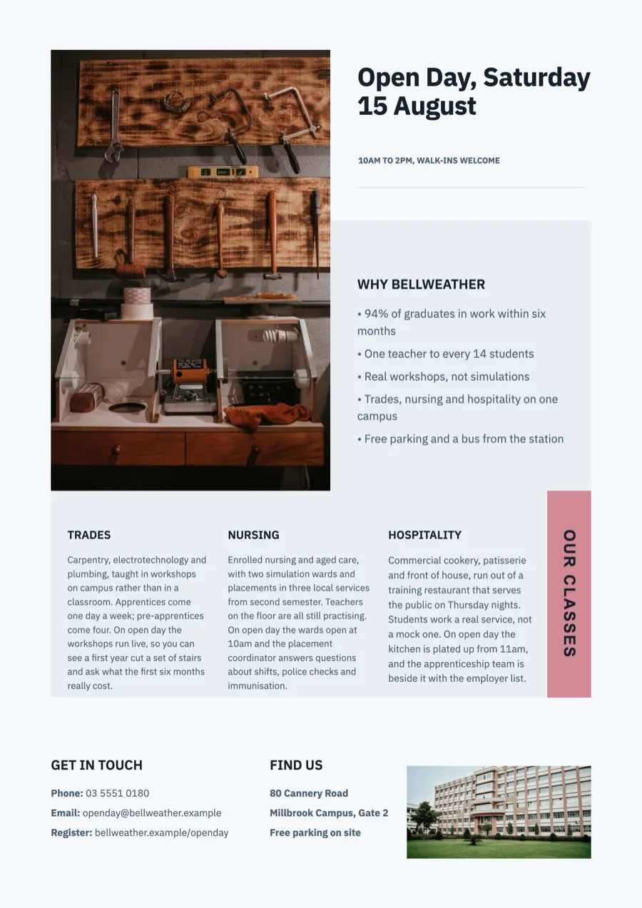 Open day flyer for a vocational college example