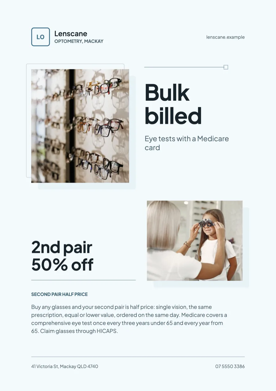 Optometrist flyer for bulk billed eye tests and a frames offer example