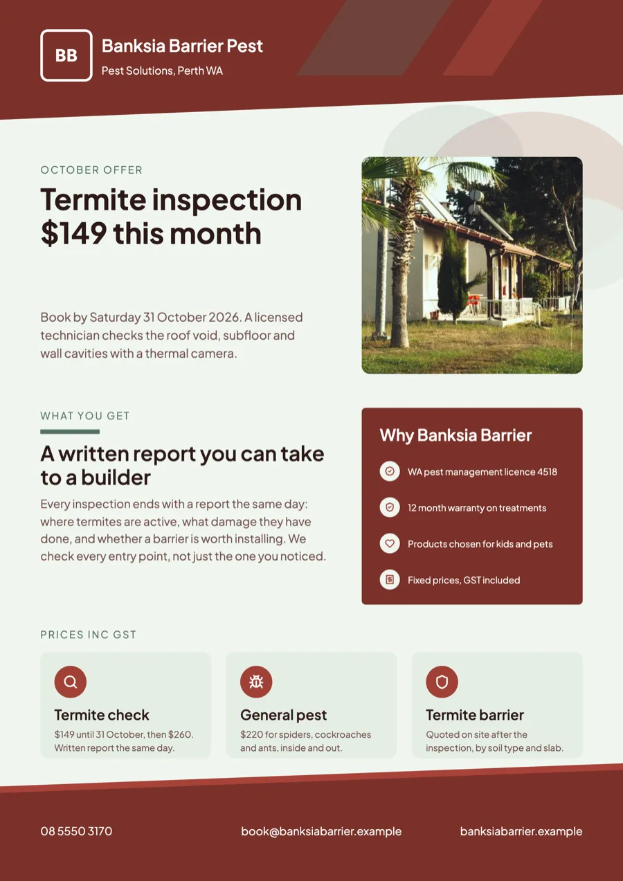 Pest control flyer with a termite inspection offer example