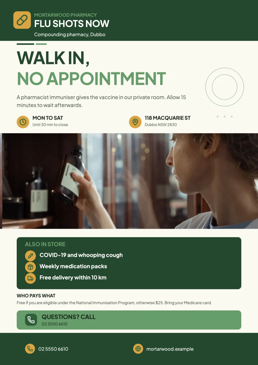 Pharmacy flyer for flu shots, scripts and medication packs example