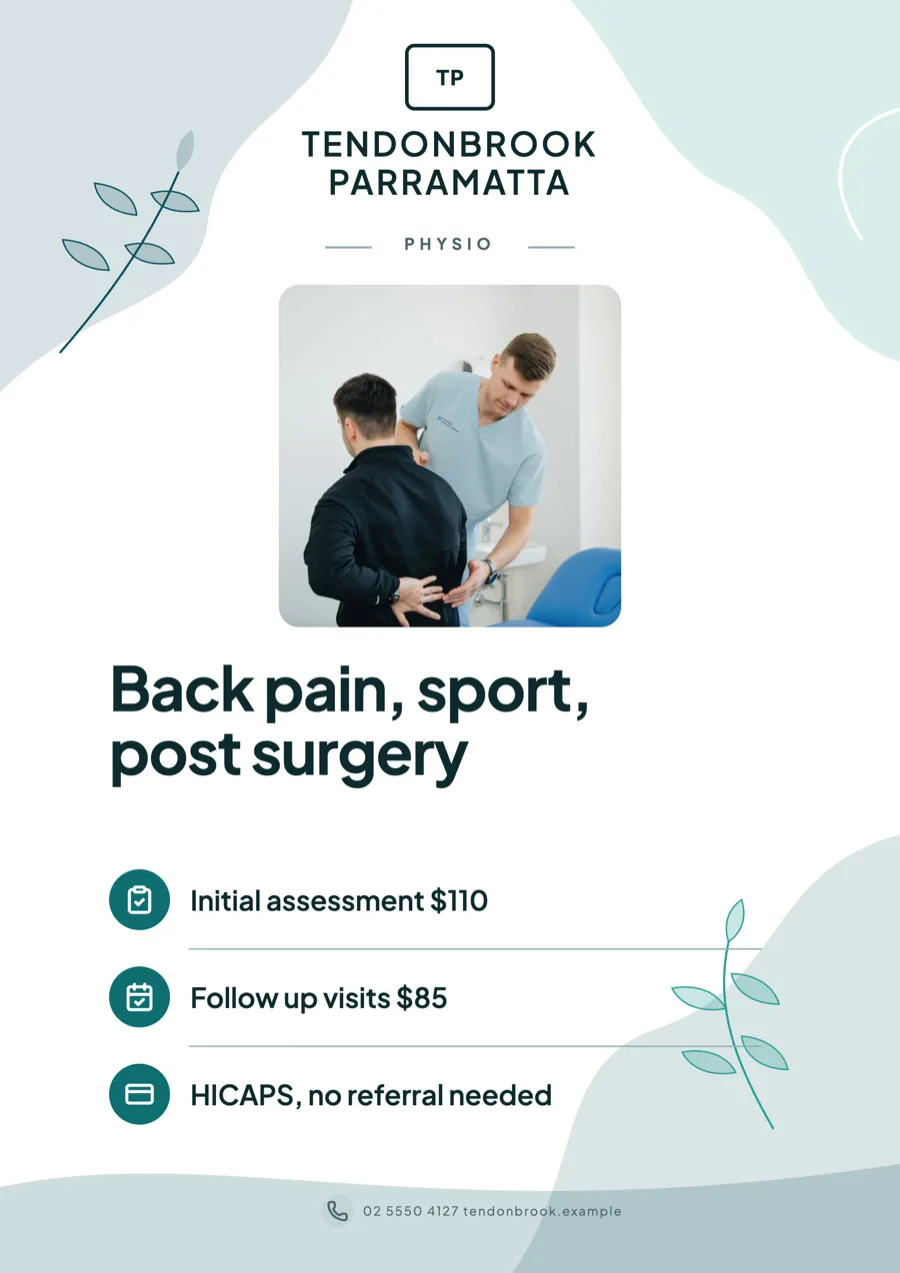 Physiotherapy flyer with session prices and the conditions treated example