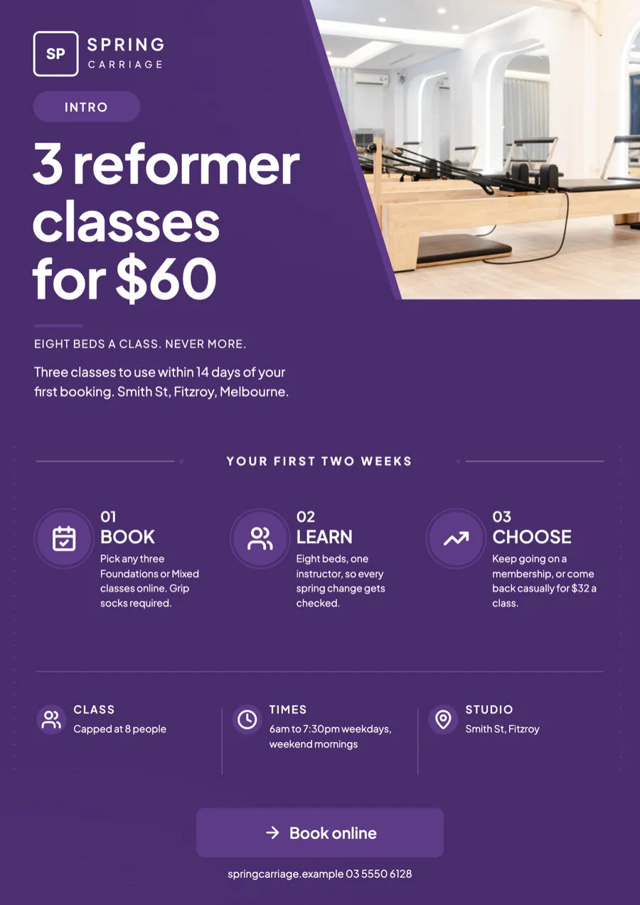 Pilates flyer with a reformer intro pack and small classes example