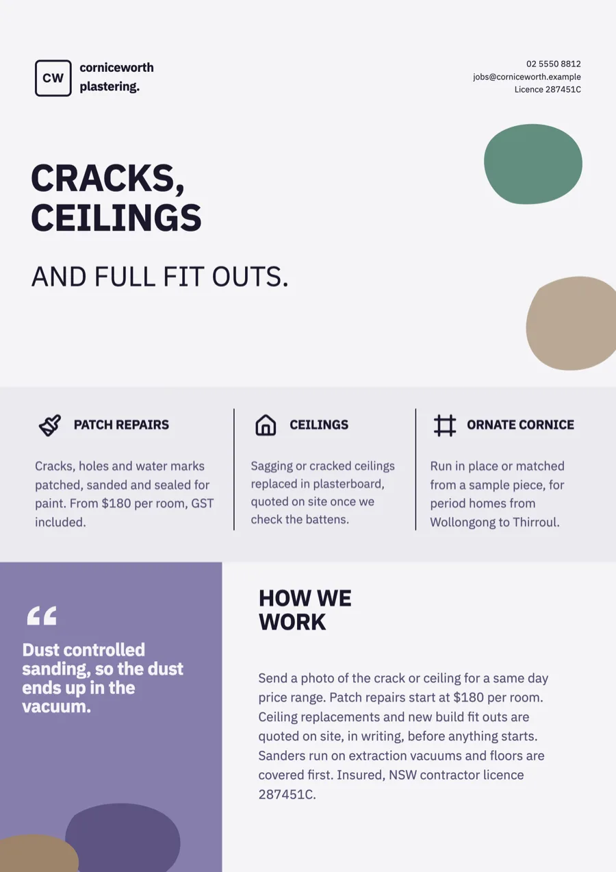 Plasterer flyer for repairs, ceilings and new builds example