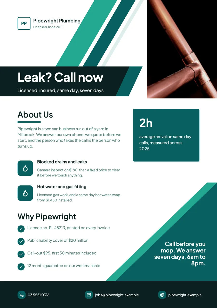 Plumber flyer for a licensed local plumbing business example