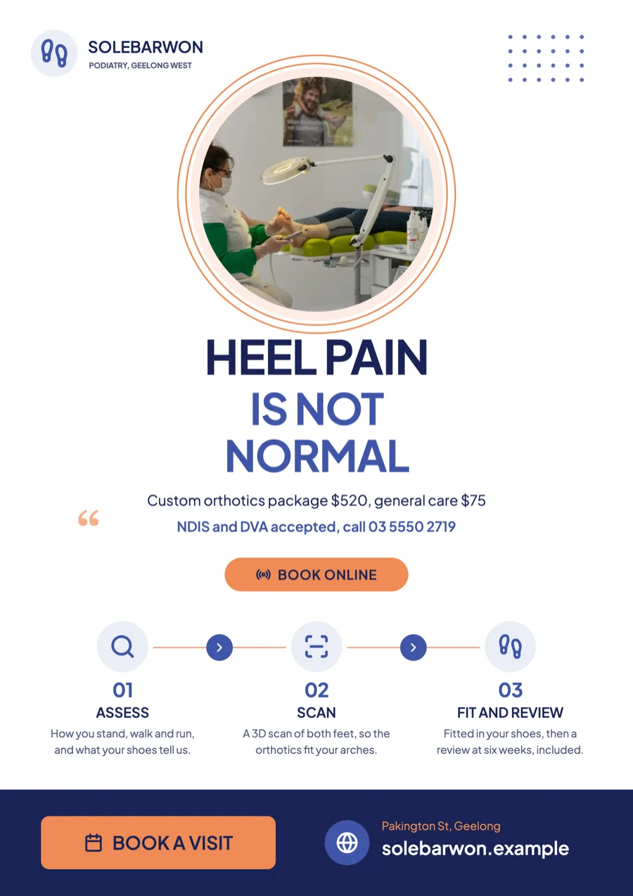 Podiatrist flyer with orthotics, nail care and NDIS example