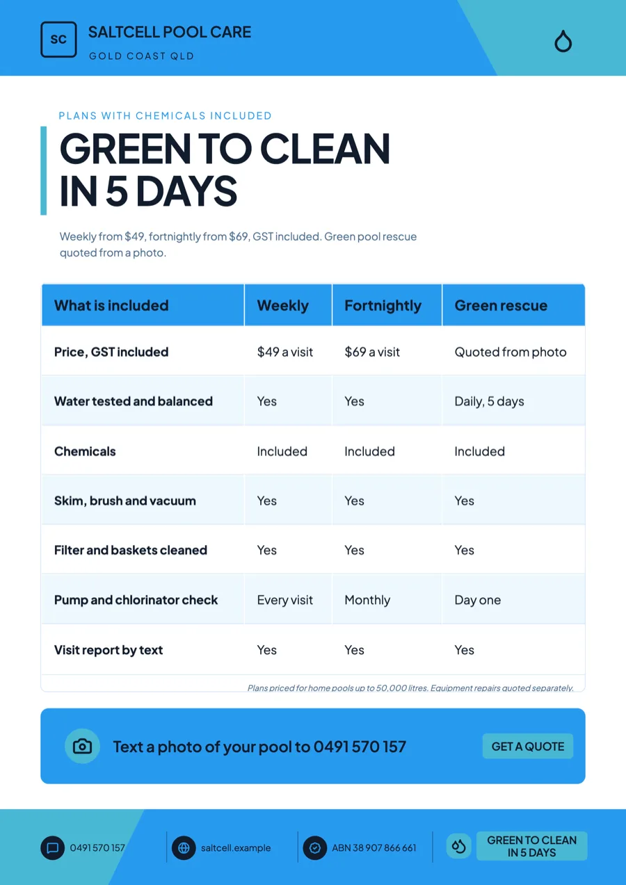 Pool service flyer with weekly plans and a green pool rescue example