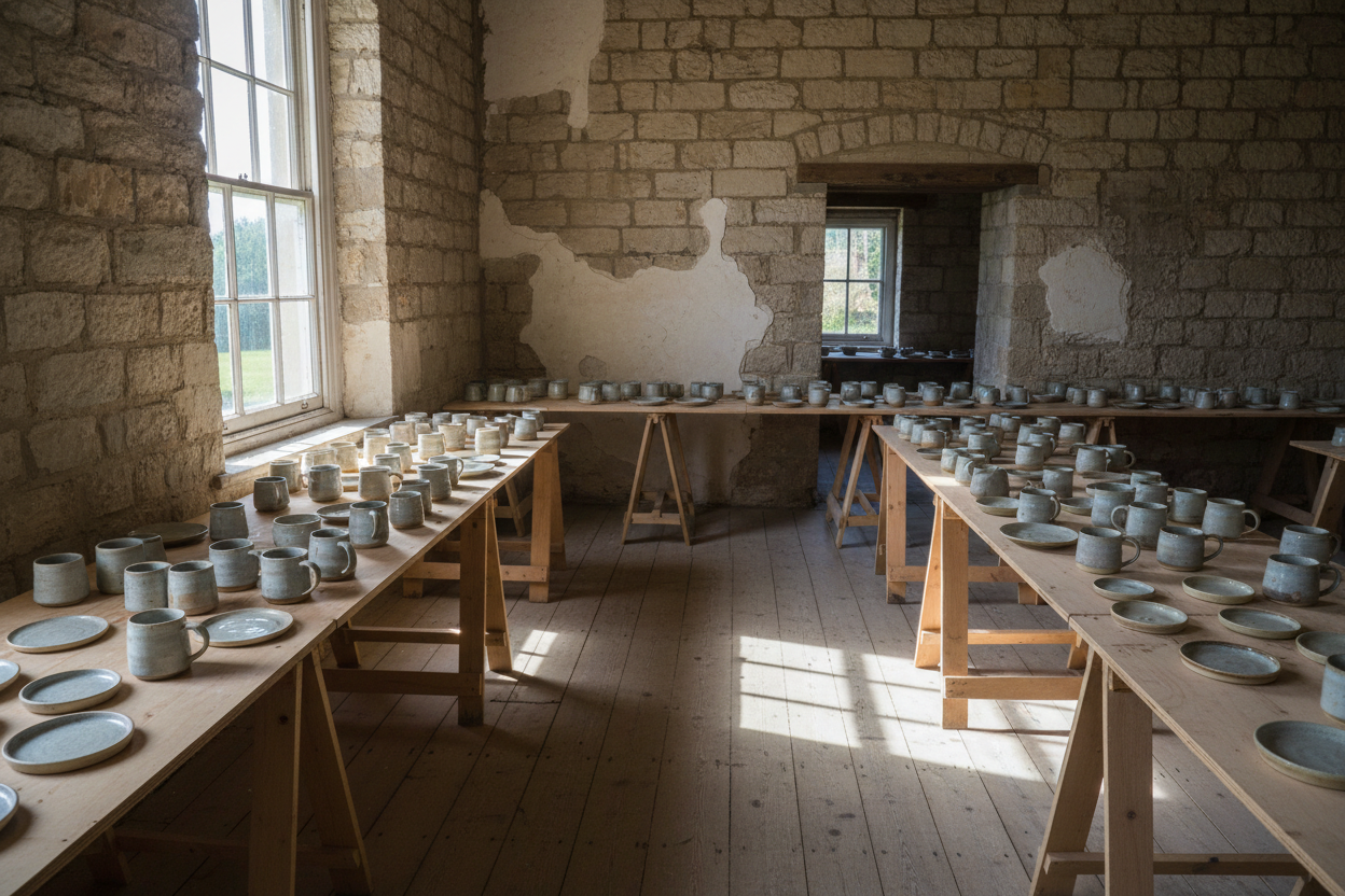 A shopfront room in a heritage limestone building set up as a temporary ceramics shop, plywood trestles carrying rows of speckled stoneware mugs and bowls, afternoon light through a tall sash window onto a worn timber floor, wide horizontal framing, no people, no text, no signage