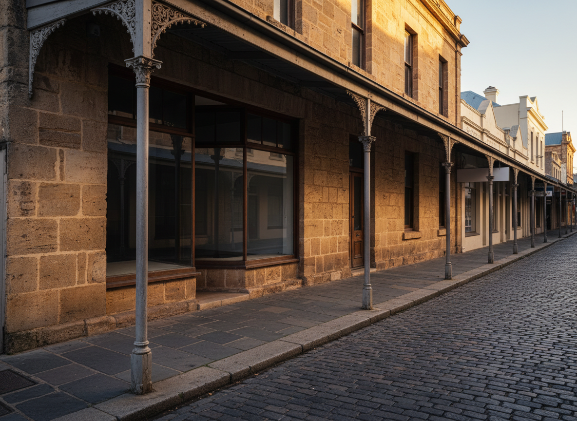 A heritage limestone shopfront on a narrow Fremantle street, deep verandah shade over the footpath and a bare display window, warm late afternoon light, wide architectural framing, no people, no text, no signage