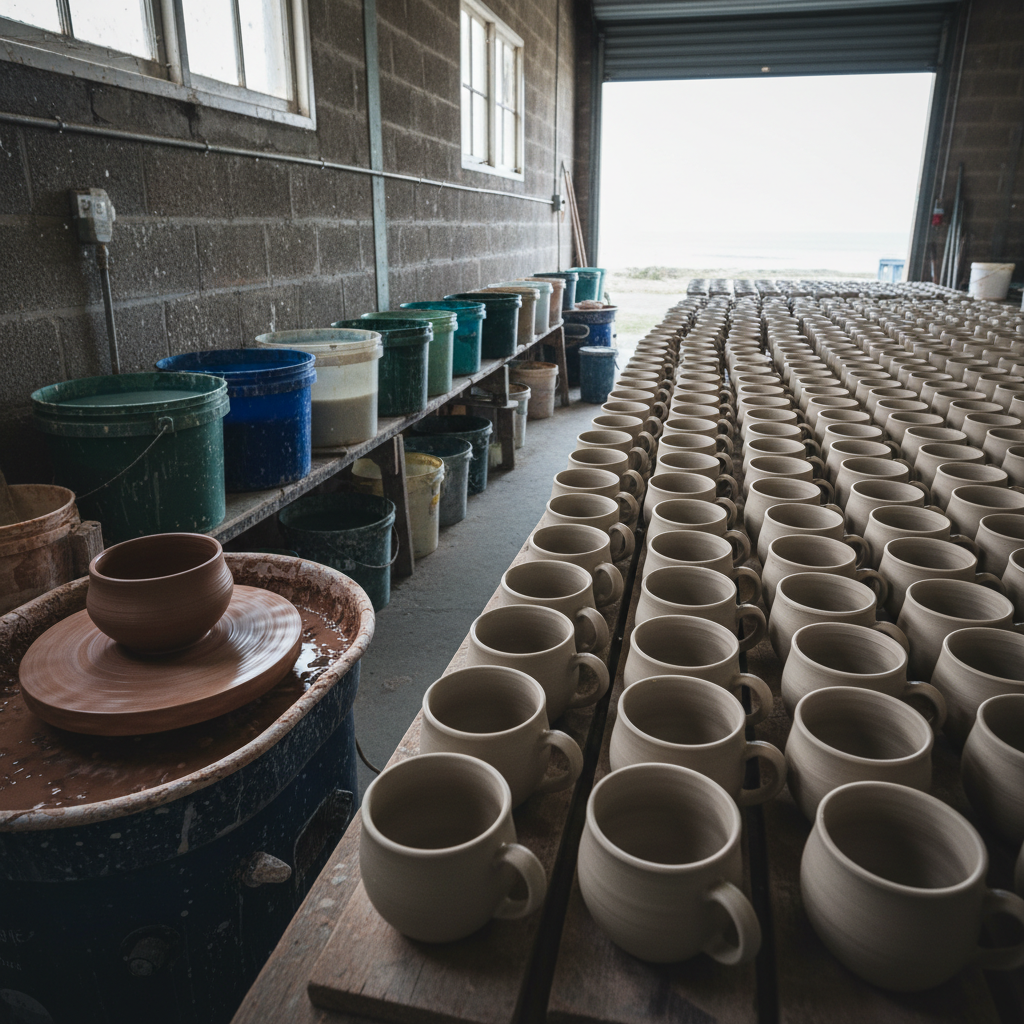 A potter's studio with rows of unglazed stoneware mugs drying on timber boards, a wheel with a wet clay bowl on the head and buckets of glaze along the wall, cool coastal daylight from a roller door, no people, no text, no signage