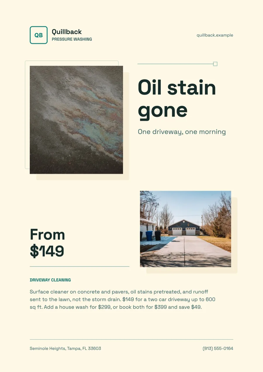 Pressure washing flyer for driveways, decks and roofs example