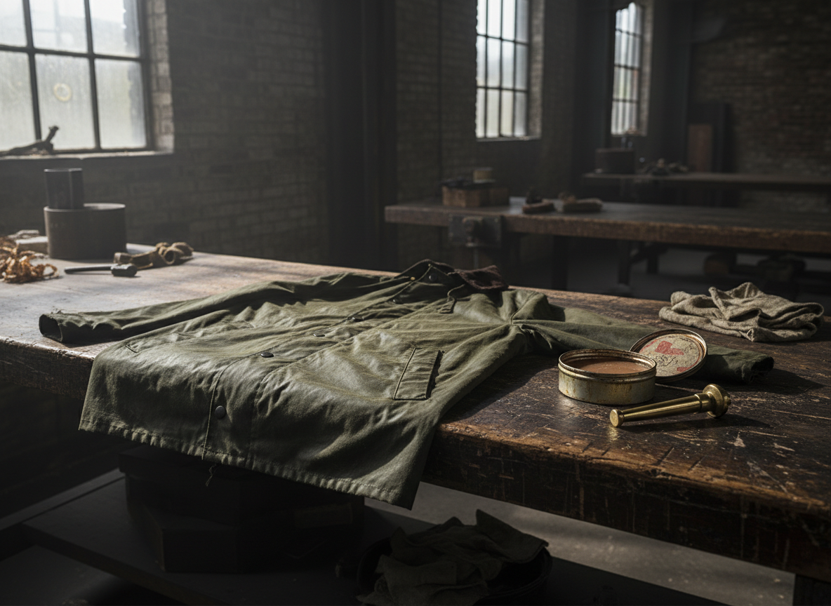 A waxed cotton jacket laid flat on a scarred workbench beside a tin of wax and a brass zip pull, hard side light from a warehouse window, editorial still life, no people, no text, no signage