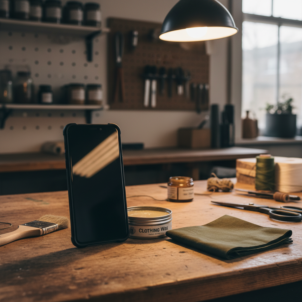 A phone propped against a tin of clothing wax on a workbench, its screen dark and reflecting the workshop lamp, folded waxed cotton beside it, warm light, wide framing, no people, no text, no signage