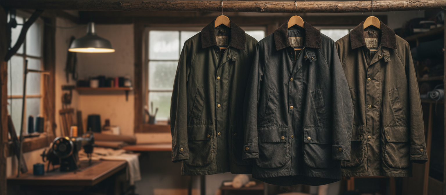 Three waxed cotton jackets hanging shoulder to shoulder on a timber rail in a small workshop, sewing machine and thread cones out of focus behind, warm work light, wide framing, no people, no text, no signage
