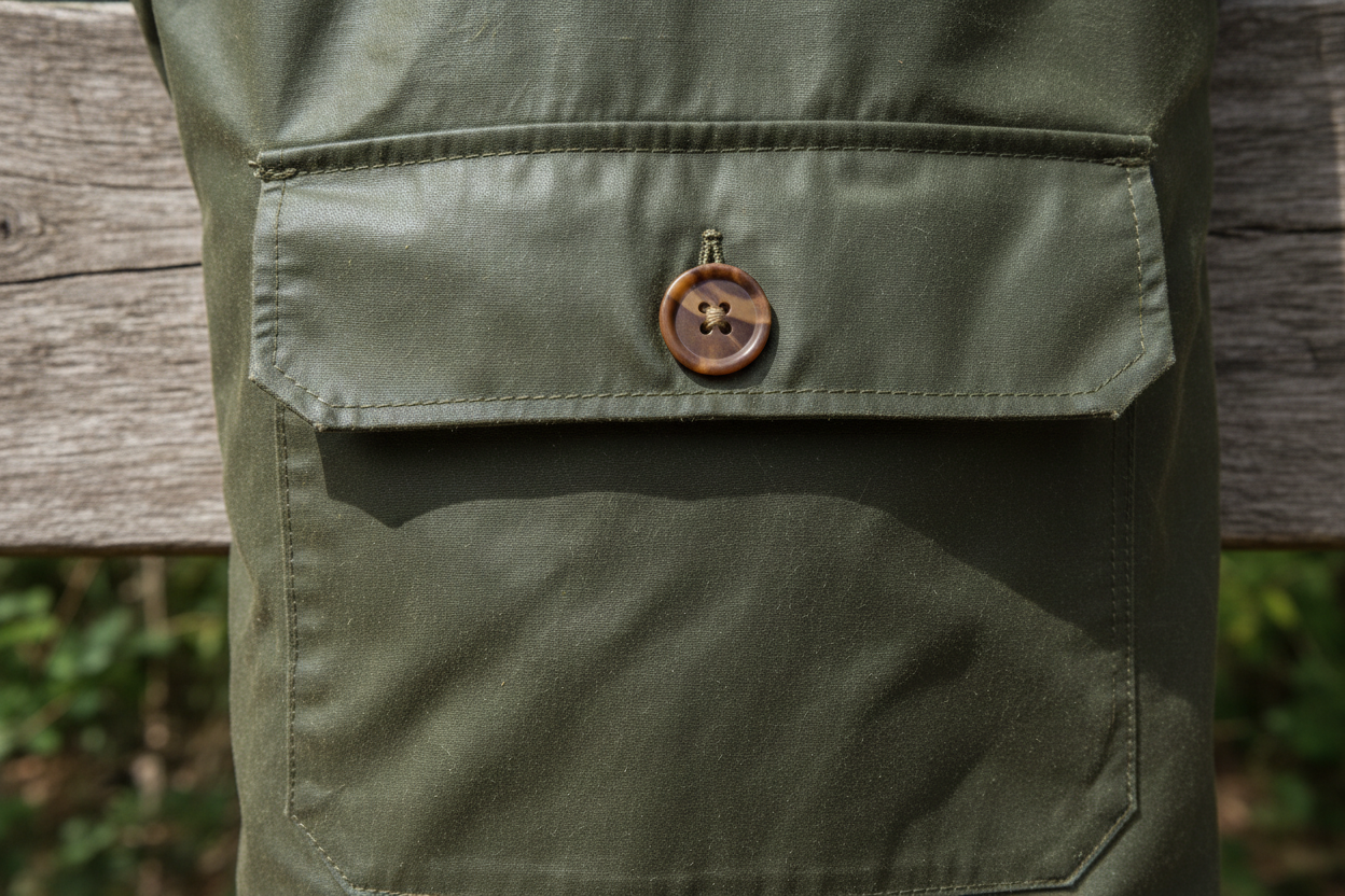 A close view of a stitched patch pocket and corozo button on heavy waxed cotton, raking light showing the wax sheen, no people, no text, no signage