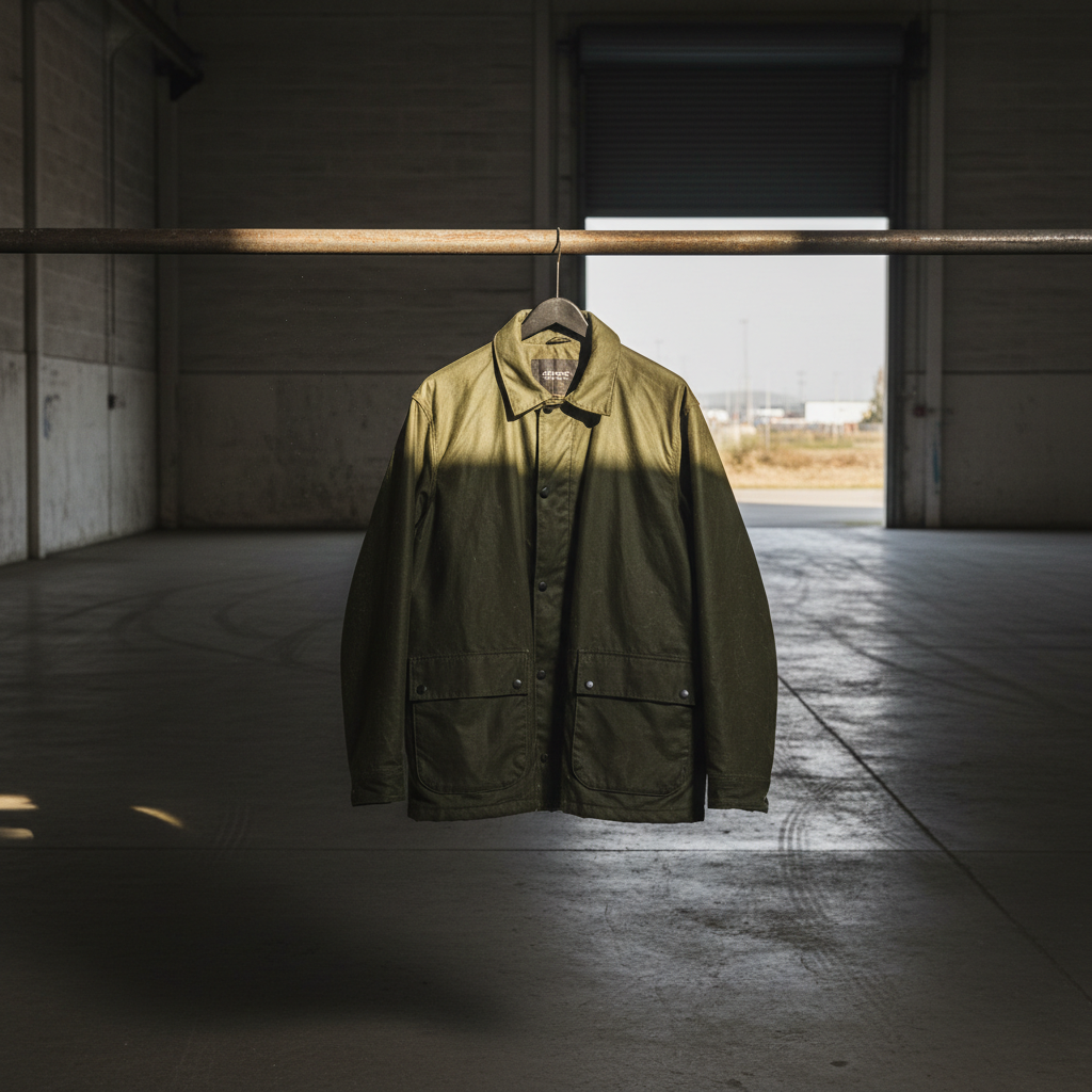 A heavy waxed cotton work jacket hanging from a bare steel rail in an empty warehouse, concrete floor and a roller door slightly open behind it, one hard shaft of afternoon light across the shoulder, square framing, no people, no text, no signage