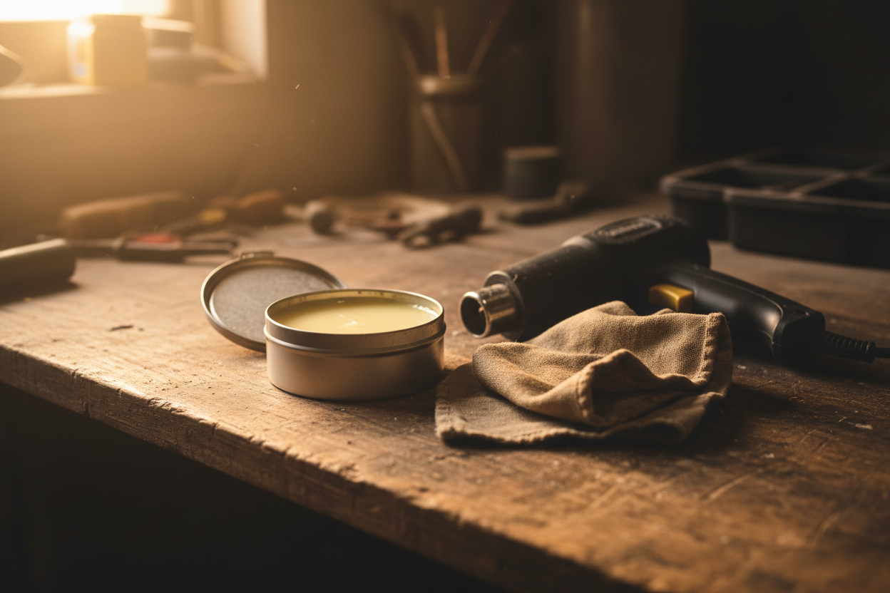 A tin of clothing wax open on a workbench with a cloth and a heat gun beside it, warm workshop light, no people, no text, no signage