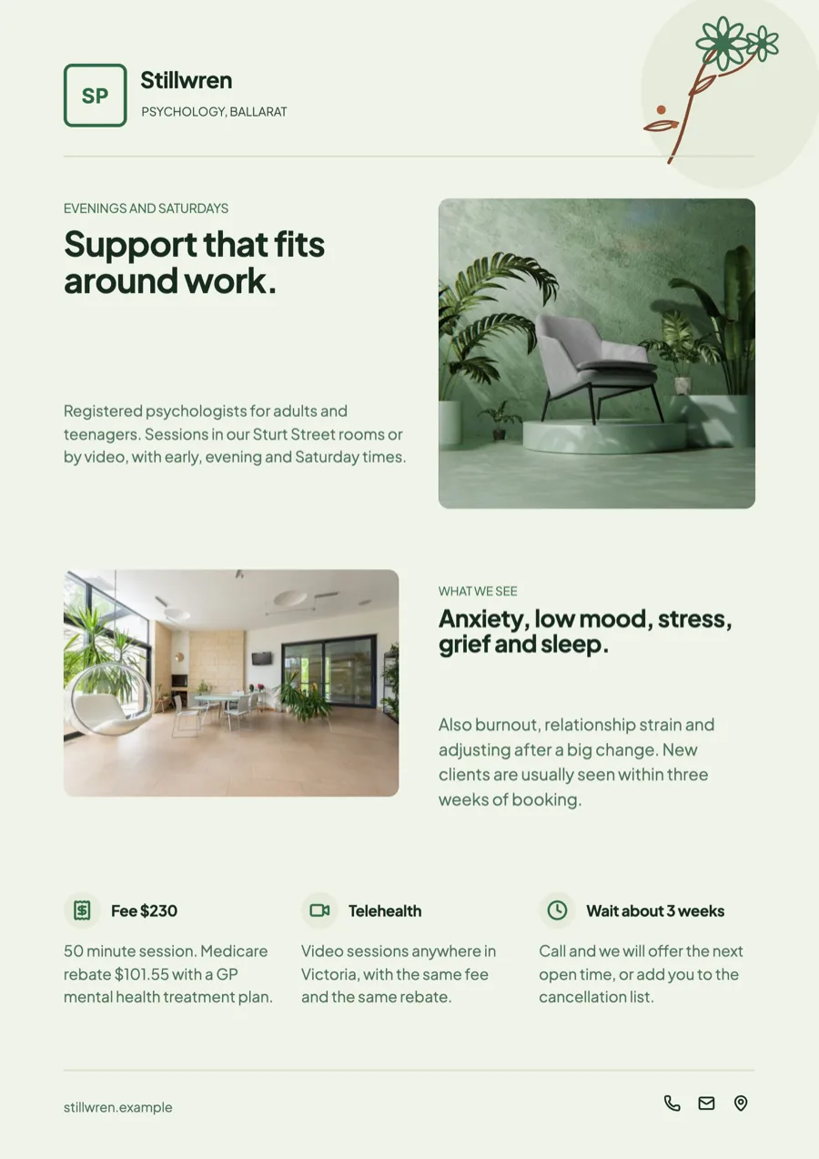 Psychologist flyer with Medicare rebates and telehealth sessions example