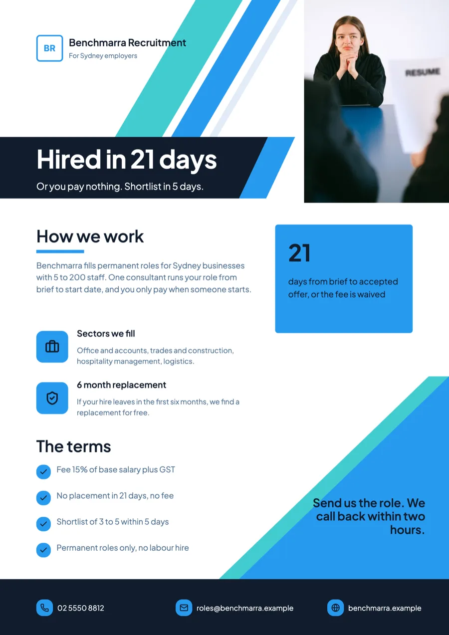Recruitment agency flyer for employers, with fee and guarantee example
